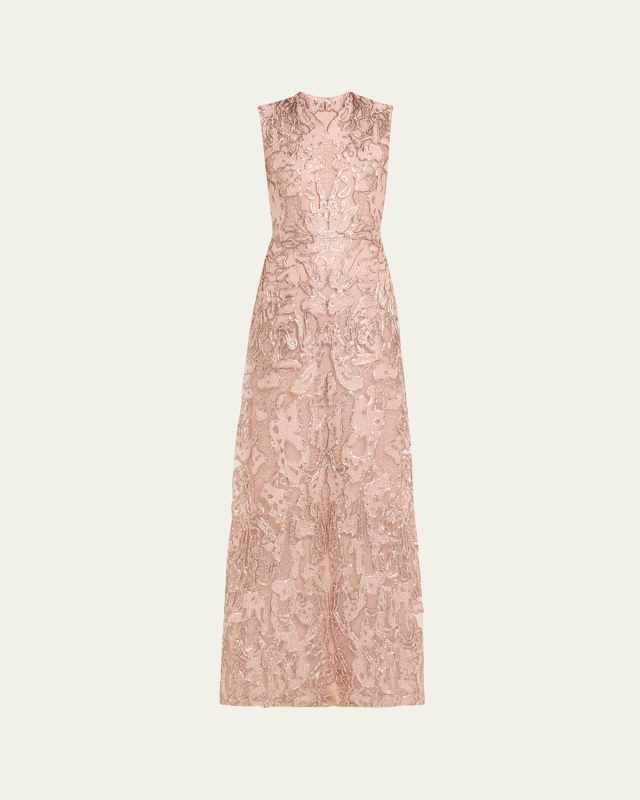 Sequined Metallic Lace Gown